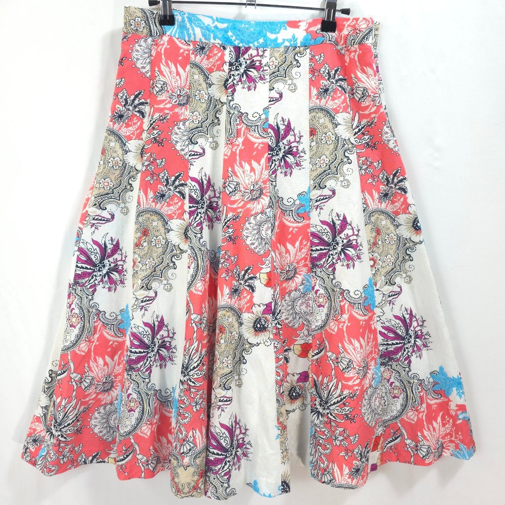 Grace Elements Linen Blend Floral Paisley Midi Skirt S Coral Blue Coastal Boho